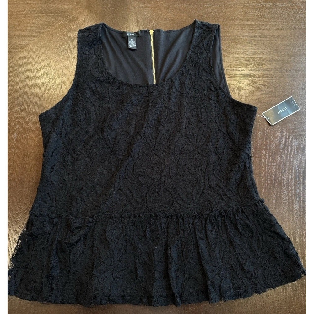 Alfani Womens Black Peplum Blouse Floral Lace Sleeveless Gold Zip NWT XL